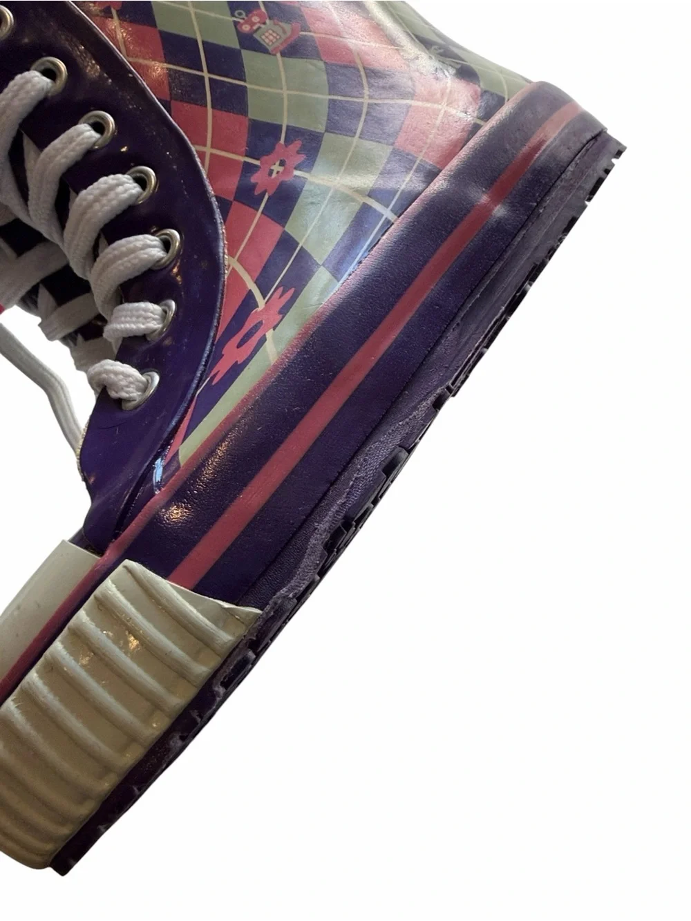Dav Kids Purple Argyle Lace-Up Rubber Rain Boots Size 11C Retro